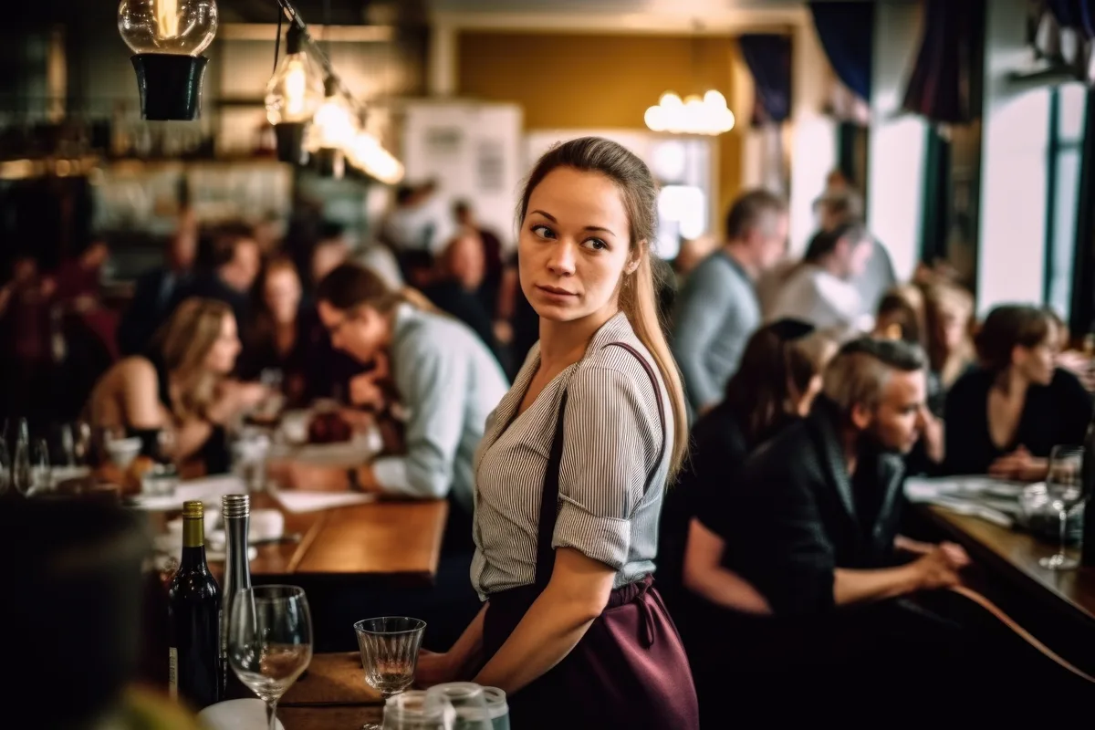 A server pausing mid-shift to read a packed dining room, the human signal no AI agent can replace
