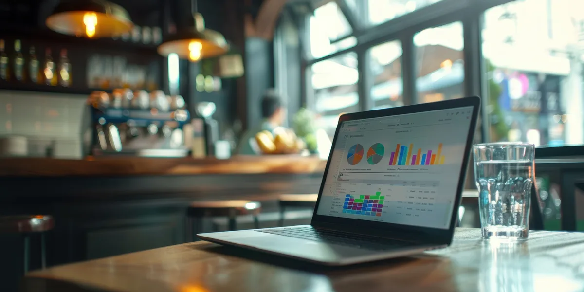 A laptop showing analytics dashboards on a restaurant bar, the data layer of restaurant marketing automation