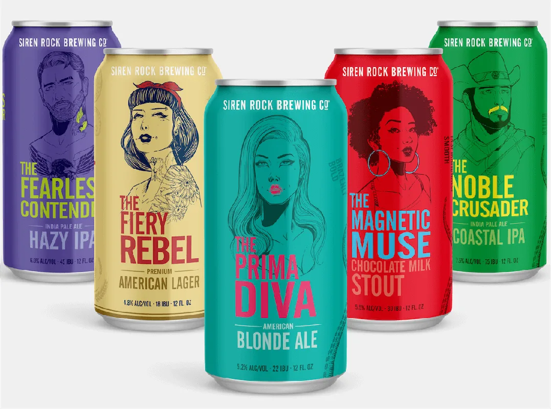 Siren Rock Brewing Company branded materials — beer cans, tap handles, and merchandise designed as a cohesive brand system