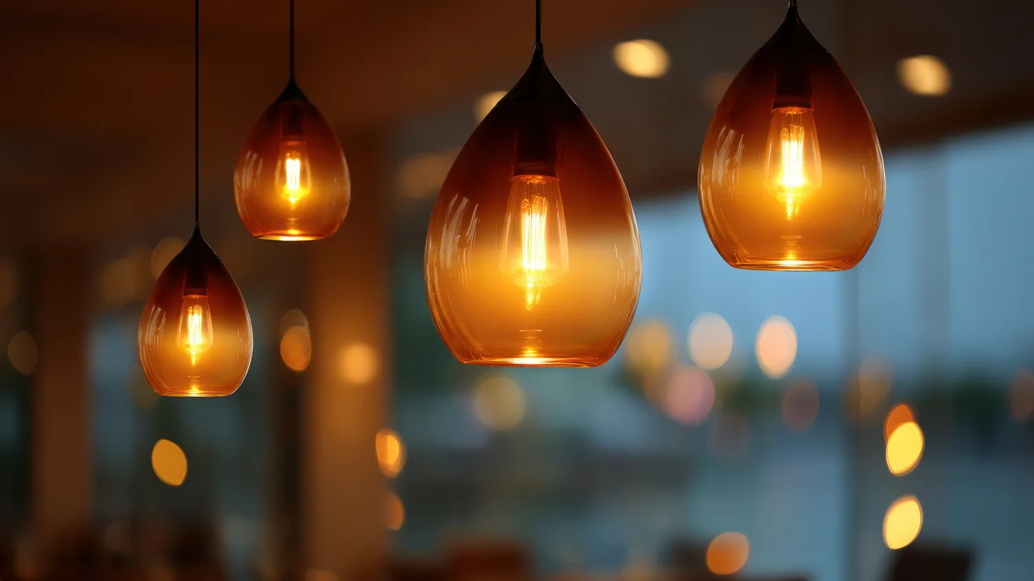 Amber pendant lights over a dining counter