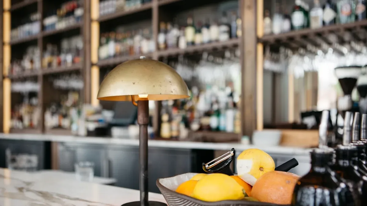 A brass dome lamp on a marble bar top