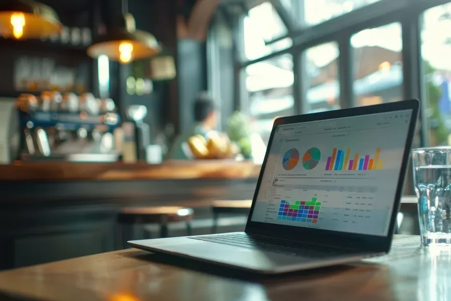 A laptop showing marketing analytics open on a bar top before service