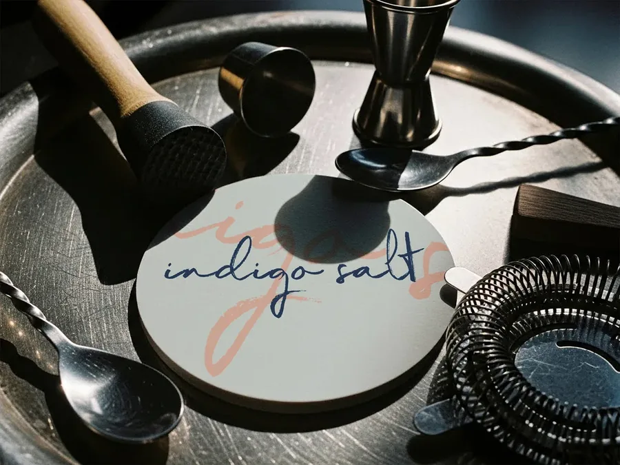 An Indigo Salt branded coaster on a bartender's tray